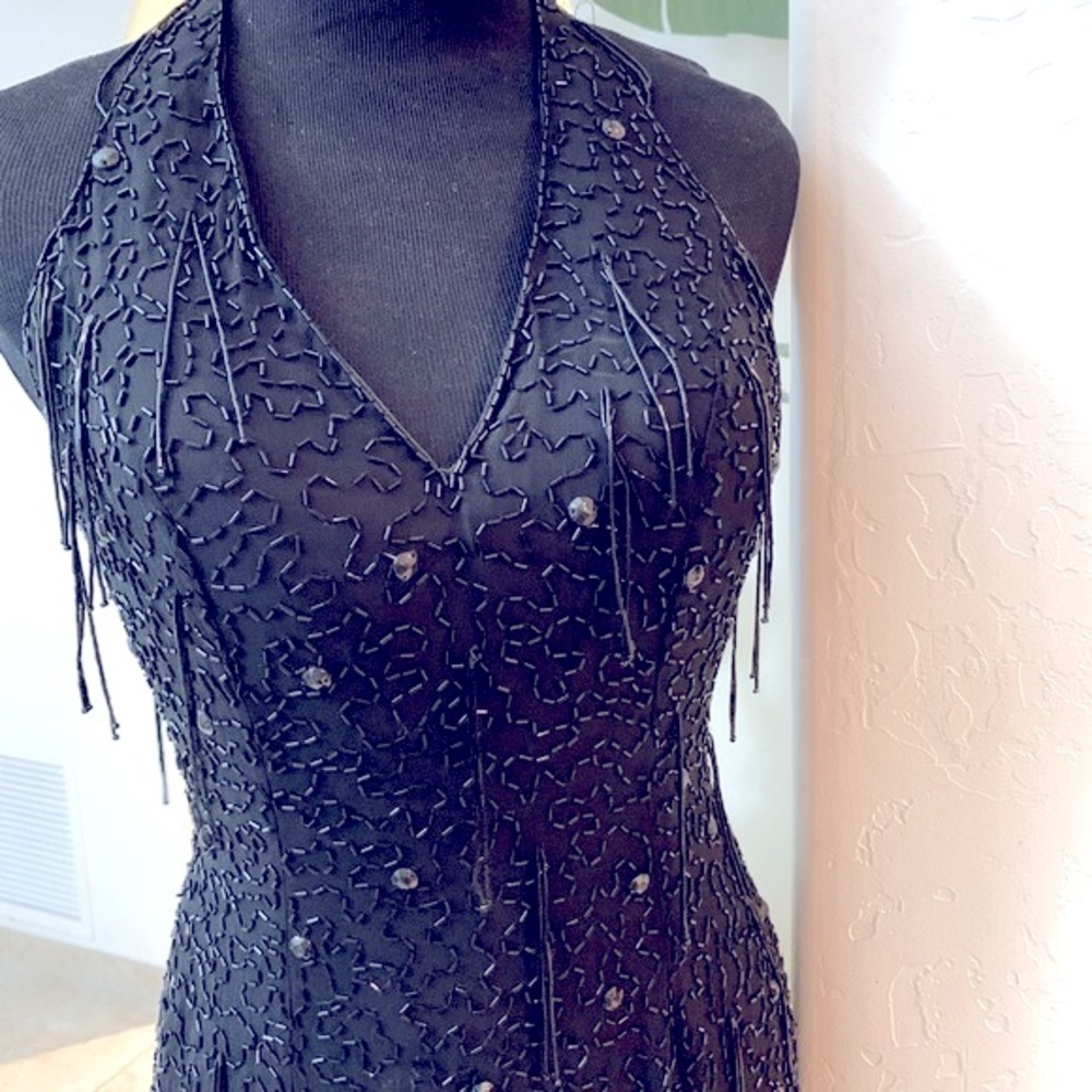 Black beaded gown, long dress, cocktail evening holiday sequin Halter size 4